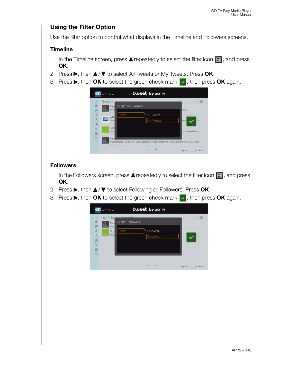 Using the filter option, Timeline, Followers | Western Digital WD TV Play Media Player User Manual User Manual | Page 121 / 171