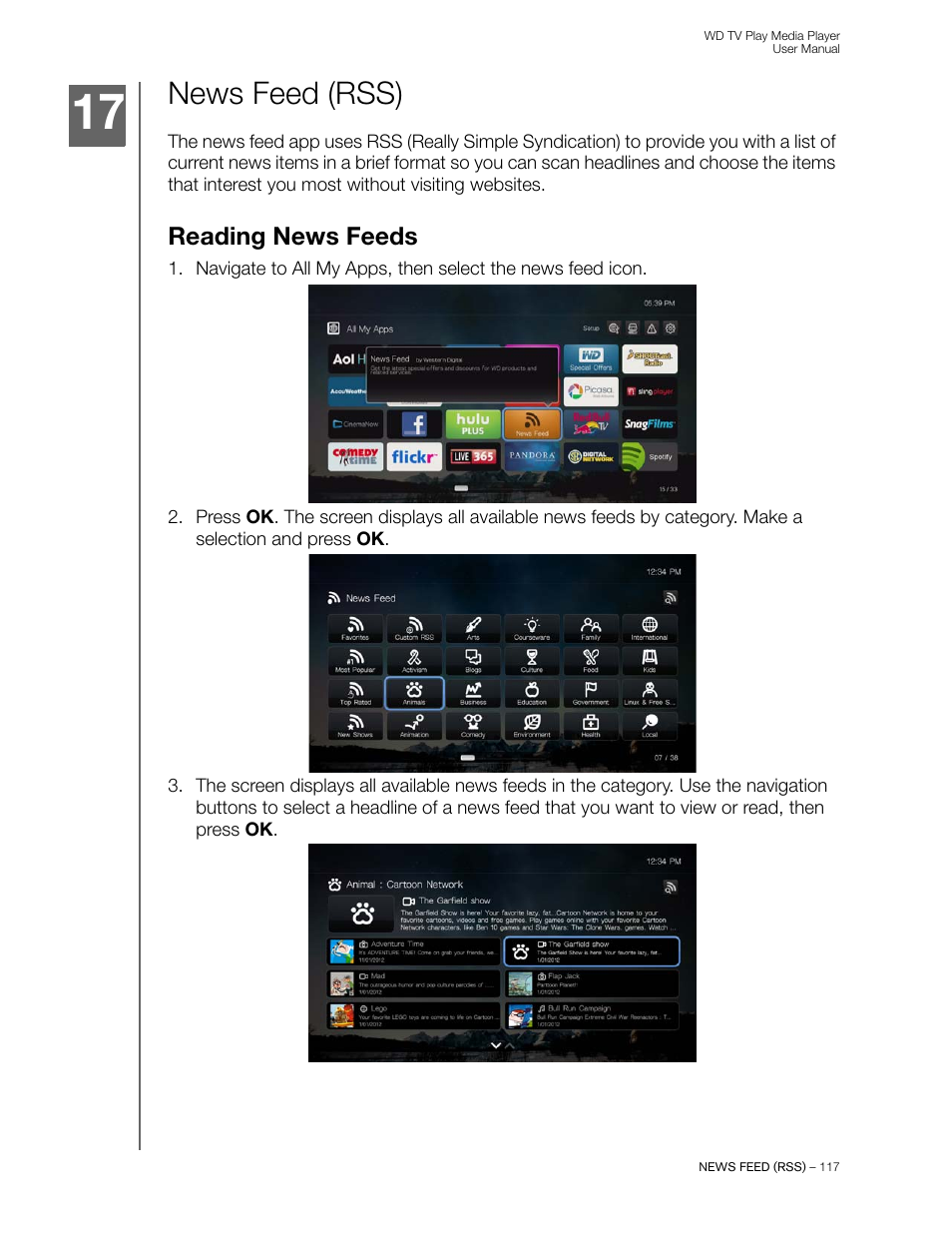 News feed (rss), Reading news feeds | Western Digital WD TV Play Media Player User Manual User Manual | Page 122 / 171