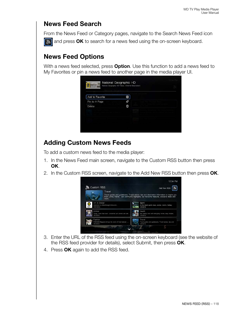 News feed search, News feed options, Adding custom news feeds | Western Digital WD TV Play Media Player User Manual User Manual | Page 123 / 171