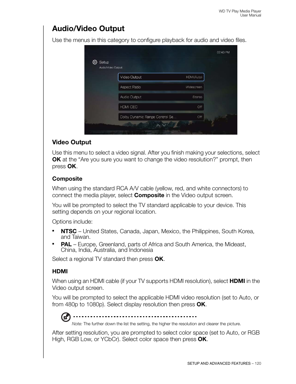 Audio/video output, Video output, Composite | Hdmi | Western Digital WD TV Play Media Player User Manual User Manual | Page 125 / 171