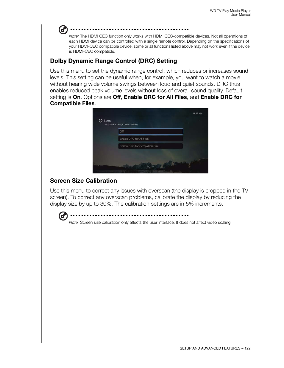 Dolby dynamic range control (drc) setting, Screen size calibration | Western Digital WD TV Play Media Player User Manual User Manual | Page 127 / 171