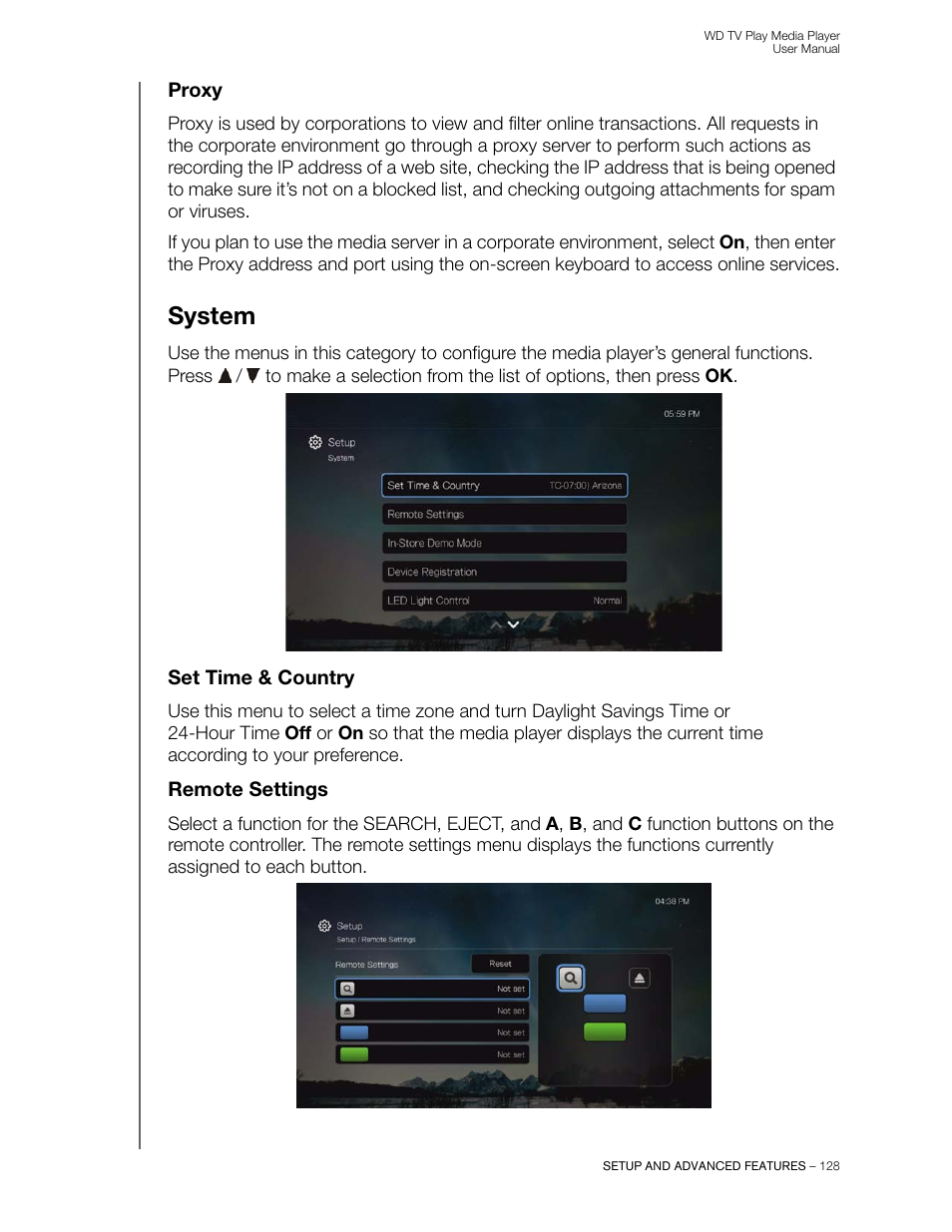 Proxy, System, Set time & country | Remote settings | Western Digital WD TV Play Media Player User Manual User Manual | Page 133 / 171