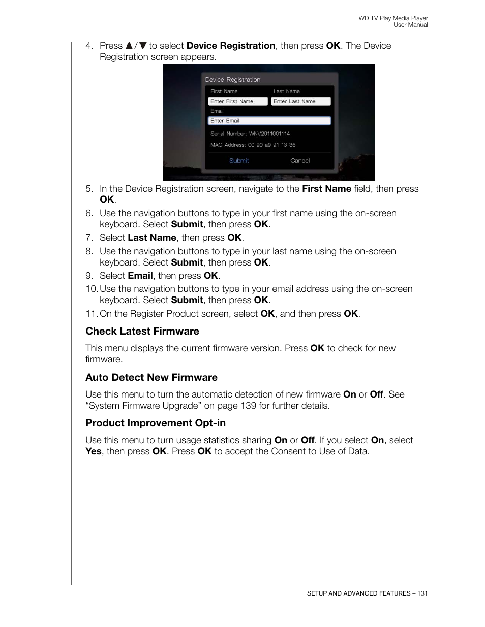 Check latest firmware, Auto detect new firmware, Product improvement opt-in | Western Digital WD TV Play Media Player User Manual User Manual | Page 136 / 171