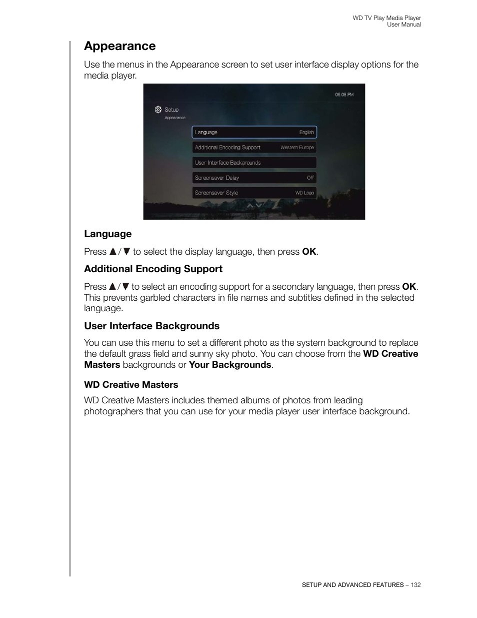 Appearance, Language, Additional encoding support | User interface backgrounds, Wd creative masters | Western Digital WD TV Play Media Player User Manual User Manual | Page 137 / 171