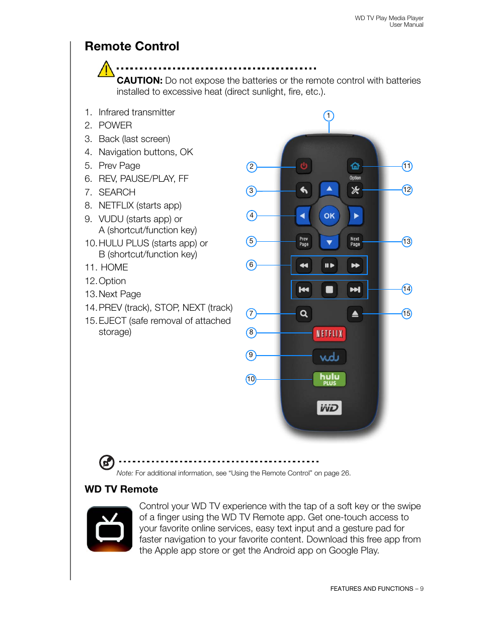 Remote control, Wd tv remote | Western Digital WD TV Play Media Player User Manual User Manual | Page 14 / 171
