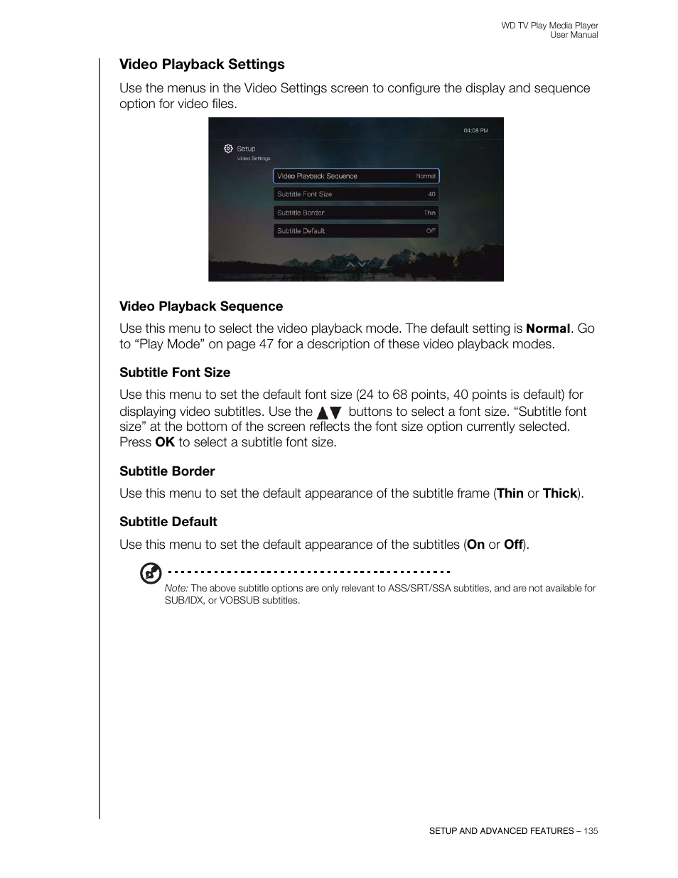 Video playback settings, Video playback sequence, Subtitle font size | Subtitle border, Subtitle default | Western Digital WD TV Play Media Player User Manual User Manual | Page 140 / 171