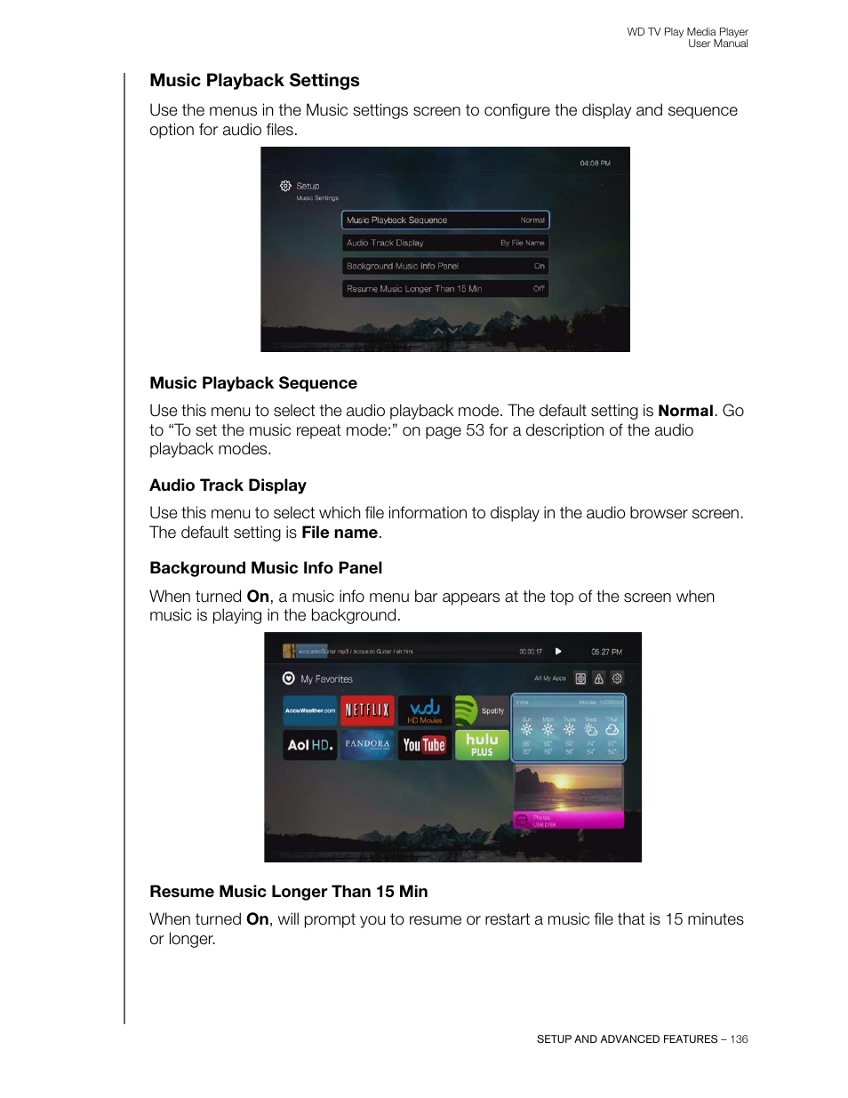 Music playback settings, Music playback sequence, Audio track display | Background music info panel, Resume music longer than 15 min | Western Digital WD TV Play Media Player User Manual User Manual | Page 141 / 171