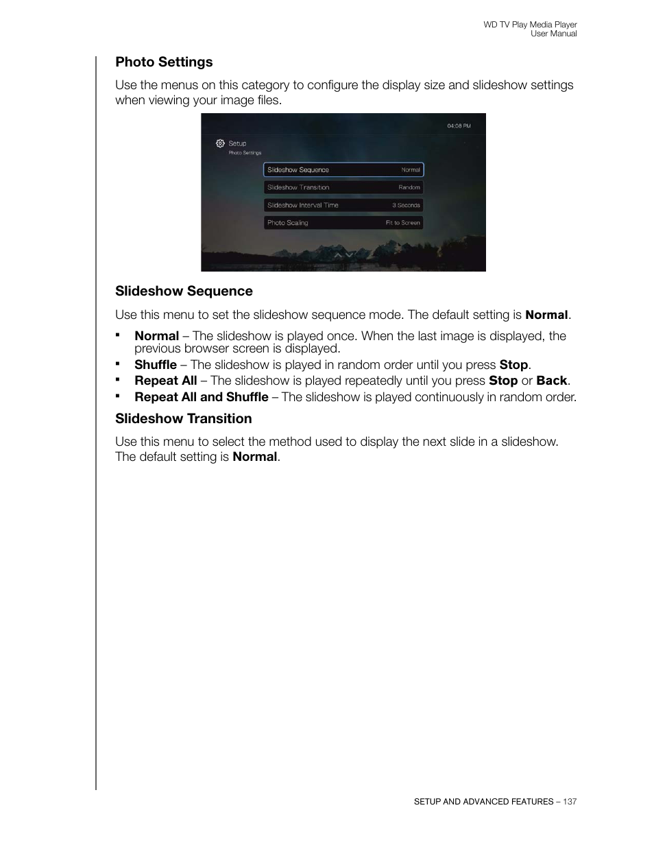 Photo settings, Slideshow sequence, Slideshow transition | Western Digital WD TV Play Media Player User Manual User Manual | Page 142 / 171