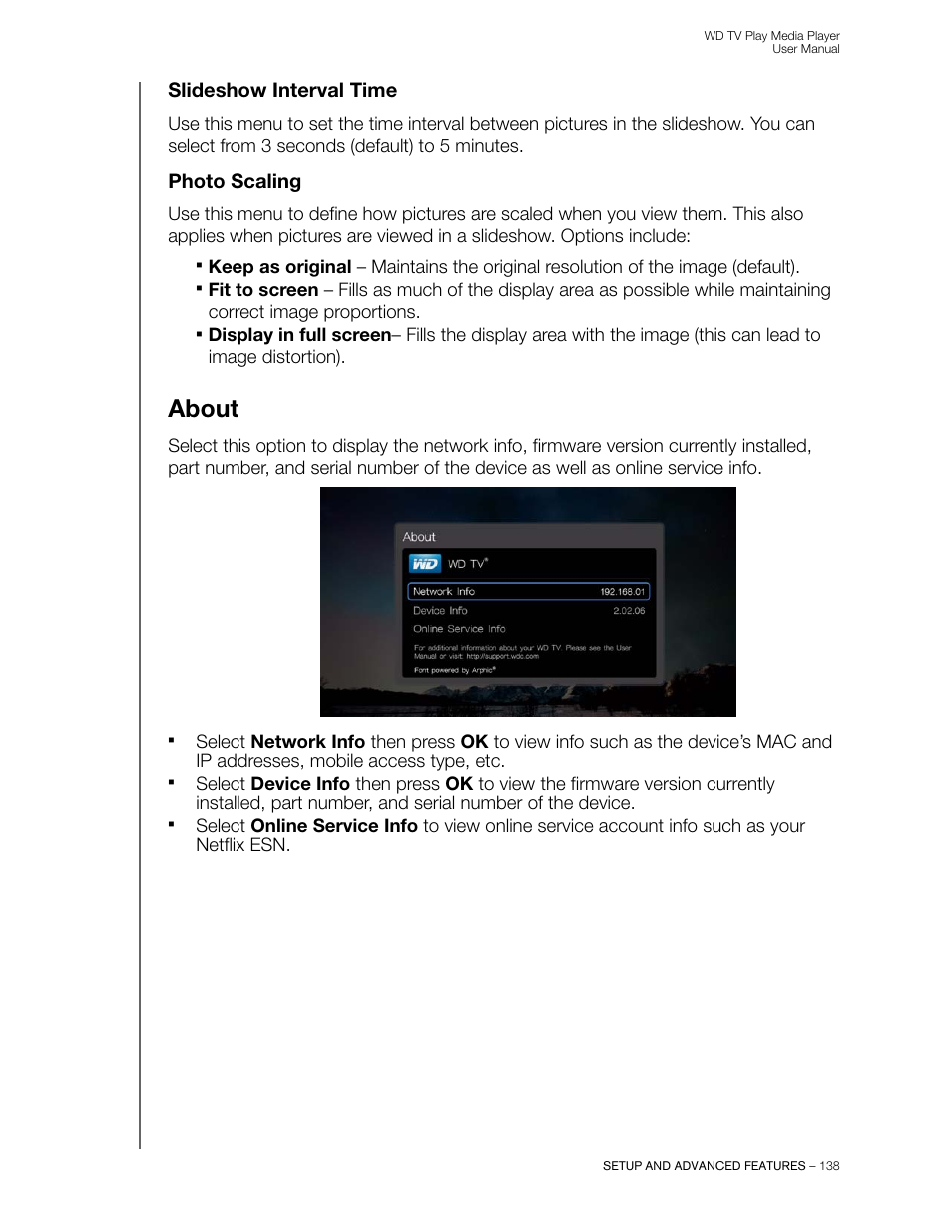Slideshow interval time, Photo scaling, About | Western Digital WD TV Play Media Player User Manual User Manual | Page 143 / 171