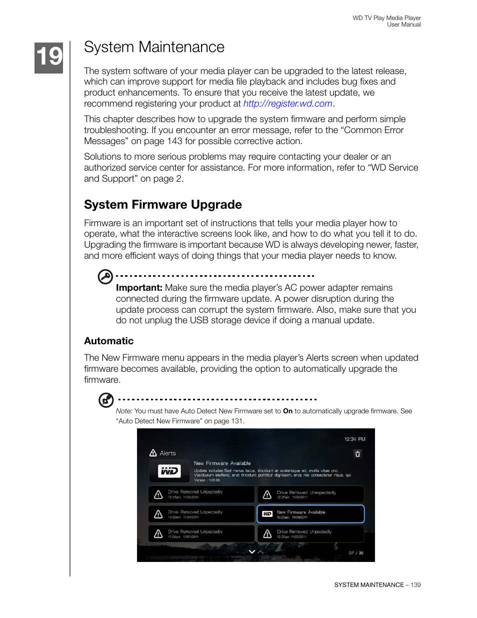 System maintenance, System firmware upgrade, Automatic | Western Digital WD TV Play Media Player User Manual User Manual | Page 144 / 171