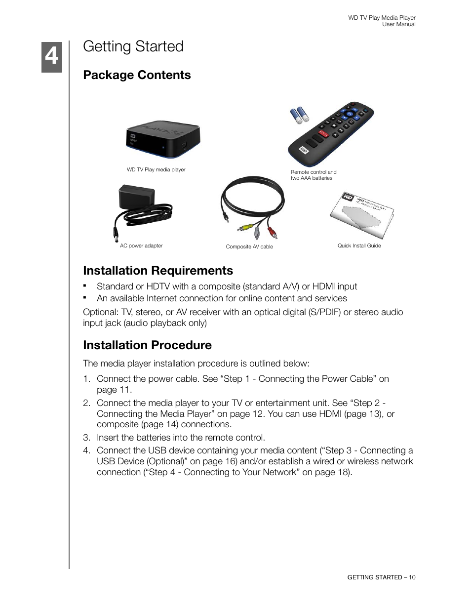 Getting started, Package contents, Installation requirements | Installation procedure, Package contents installation requirements | Western Digital WD TV Play Media Player User Manual User Manual | Page 15 / 171
