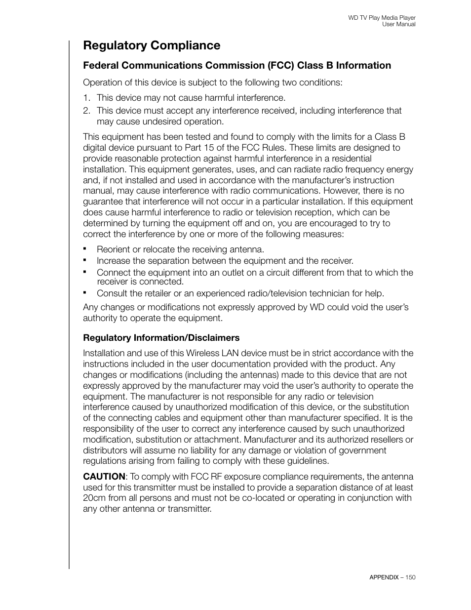 Regulatory compliance, Regulatory information/disclaimers | Western Digital WD TV Play Media Player User Manual User Manual | Page 155 / 171