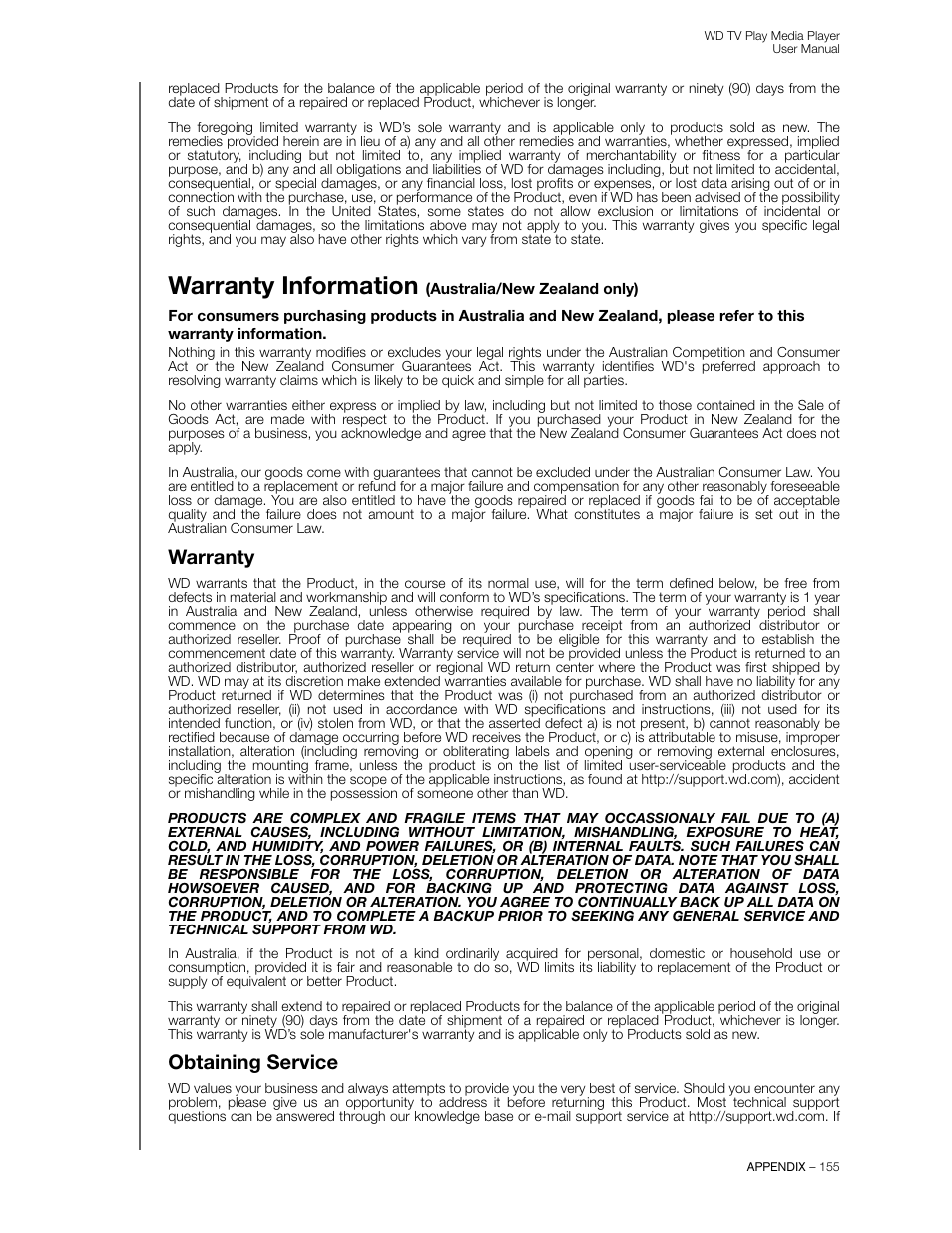 Warranty information (australia/new zealand only), Warranty, Obtaining service | Warranty information | Western Digital WD TV Play Media Player User Manual User Manual | Page 160 / 171