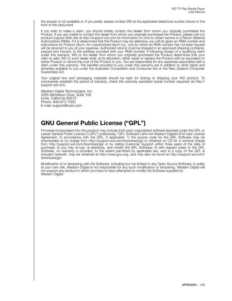 Gnu general public license (“gpl”) | Western Digital WD TV Play Media Player User Manual User Manual | Page 161 / 171