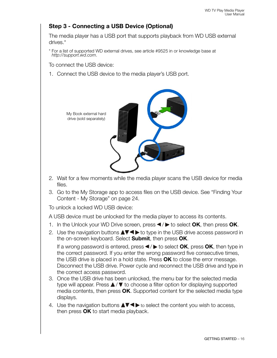 Step 3 - connecting a usb device (optional), Media content (“step 3 - connecting a | Western Digital WD TV Play Media Player User Manual User Manual | Page 21 / 171