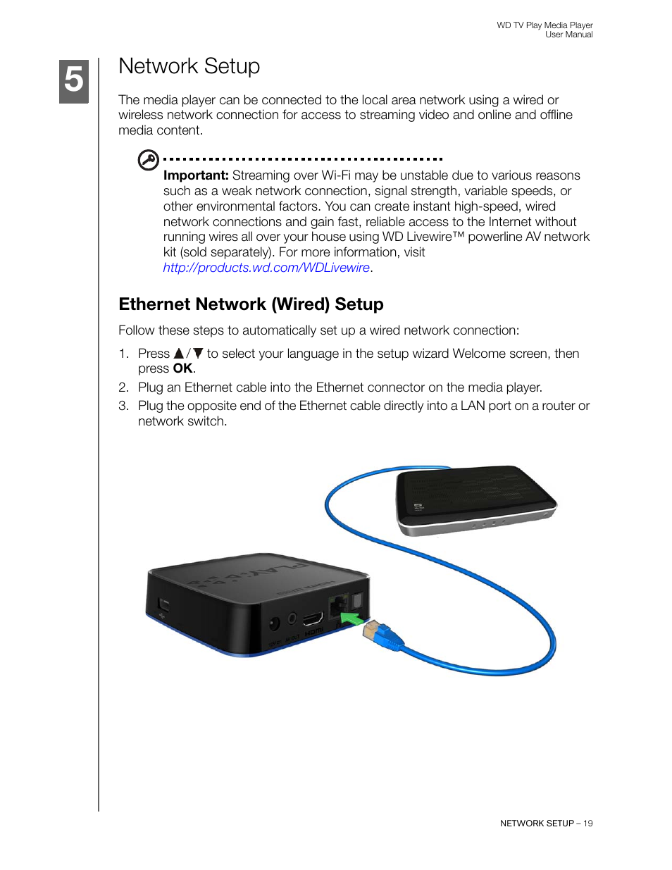Network setup, Ethernet network (wired) setup | Western Digital WD TV Play Media Player User Manual User Manual | Page 24 / 171
