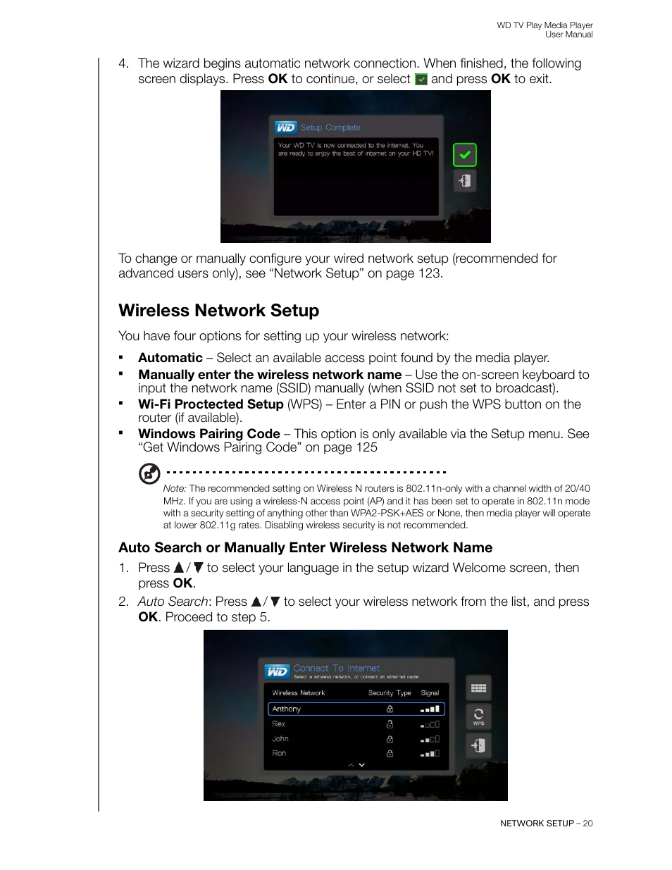Wireless network setup | Western Digital WD TV Play Media Player User Manual User Manual | Page 25 / 171
