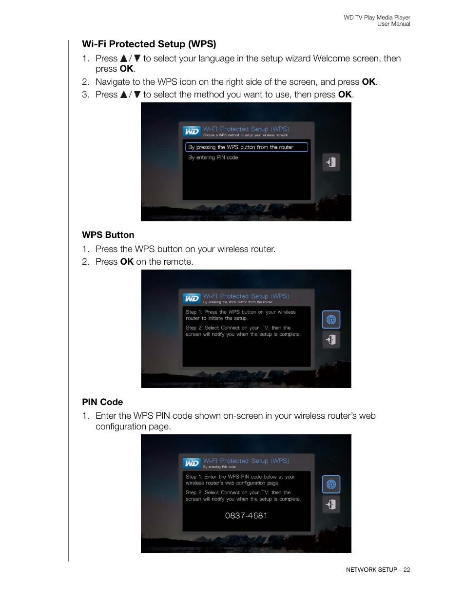 Wi-fi protected setup (wps), Wps button, Pin code | Western Digital WD TV Play Media Player User Manual User Manual | Page 27 / 171