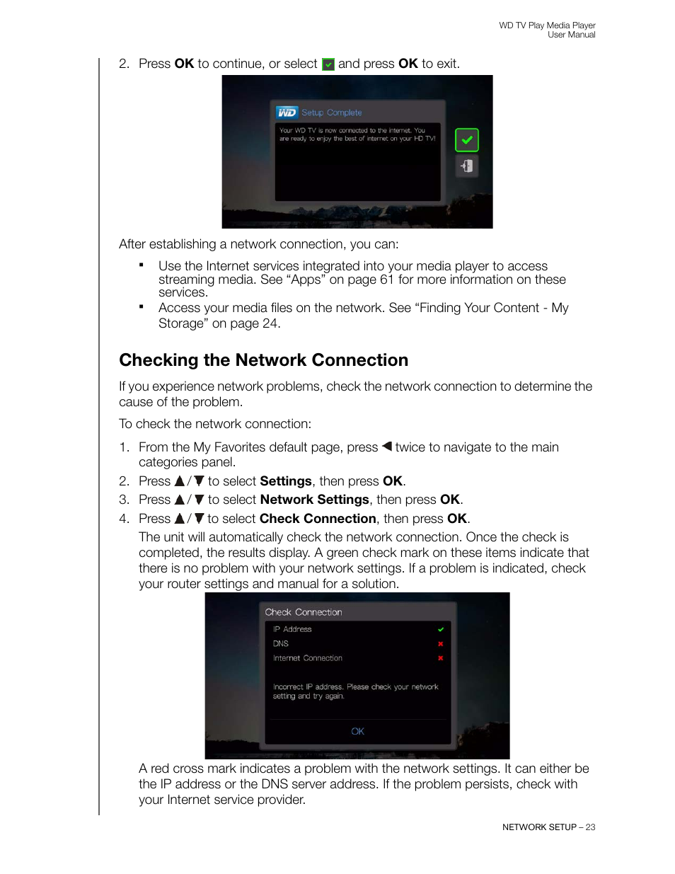 Checking the network connection | Western Digital WD TV Play Media Player User Manual User Manual | Page 28 / 171