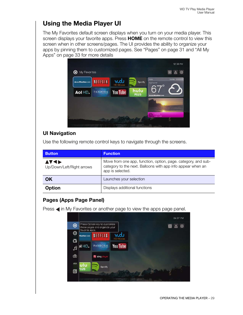 Using the media player ui, Ui navigation, Pages (apps page panel) | Western Digital WD TV Play Media Player User Manual User Manual | Page 34 / 171