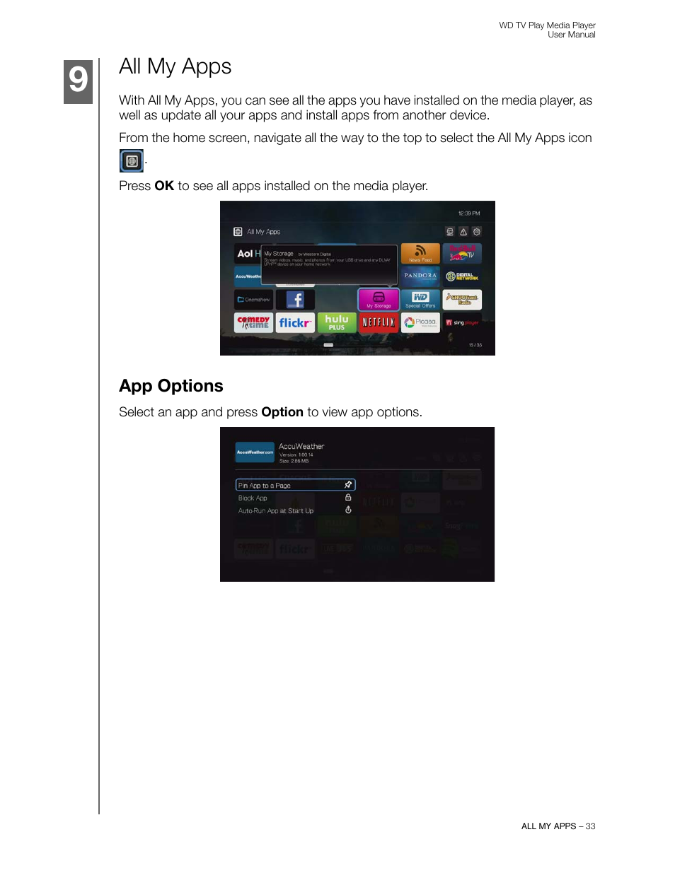 All my apps, App options | Western Digital WD TV Play Media Player User Manual User Manual | Page 38 / 171