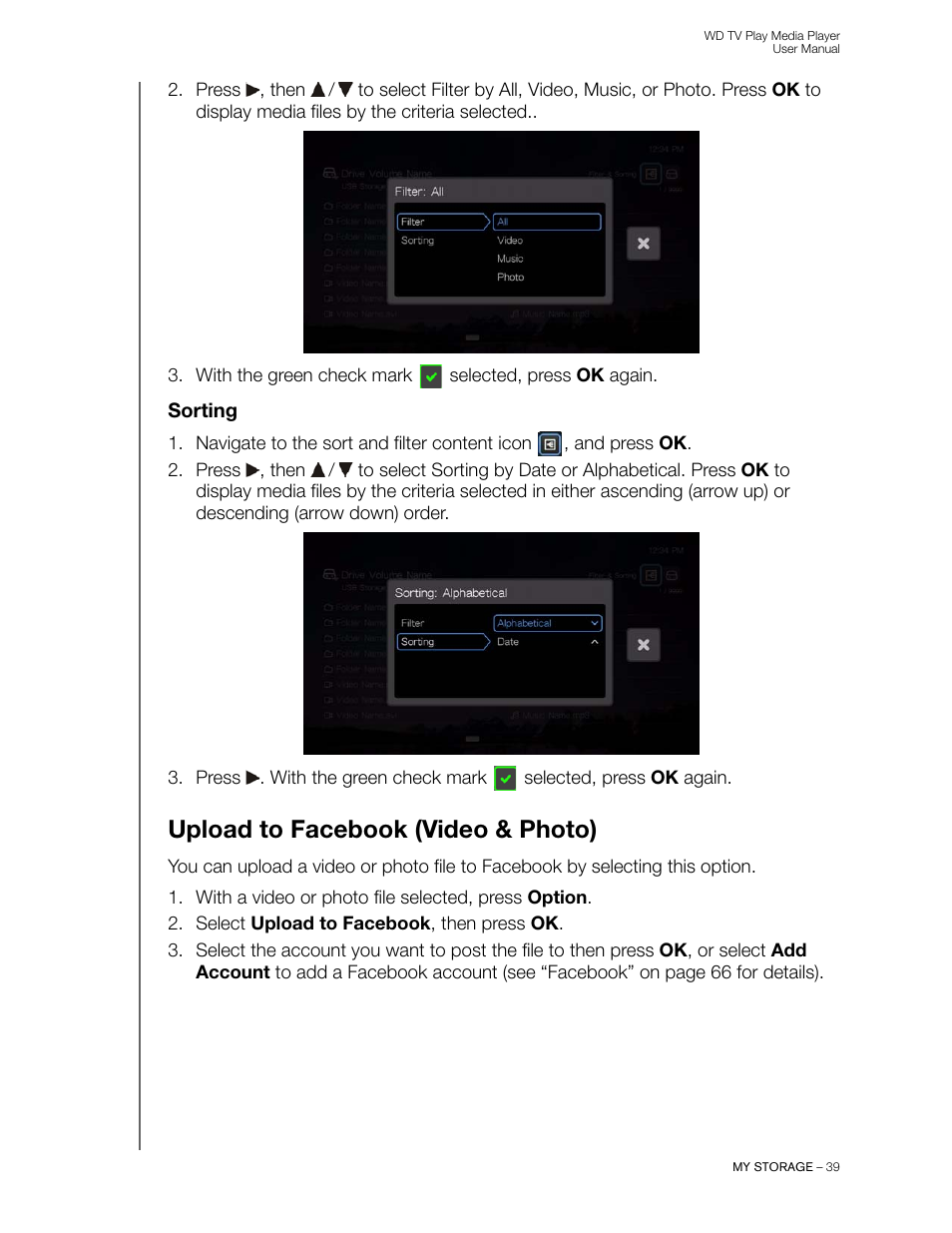 Sorting, Upload to facebook (video & photo) | Western Digital WD TV Play Media Player User Manual User Manual | Page 44 / 171
