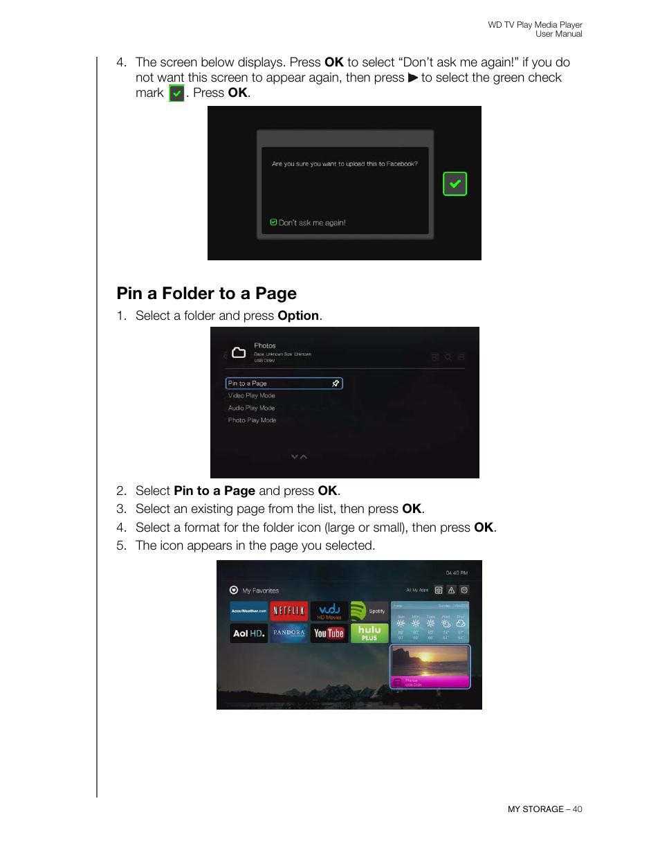 Pin a folder to a page | Western Digital WD TV Play Media Player User Manual User Manual | Page 45 / 171