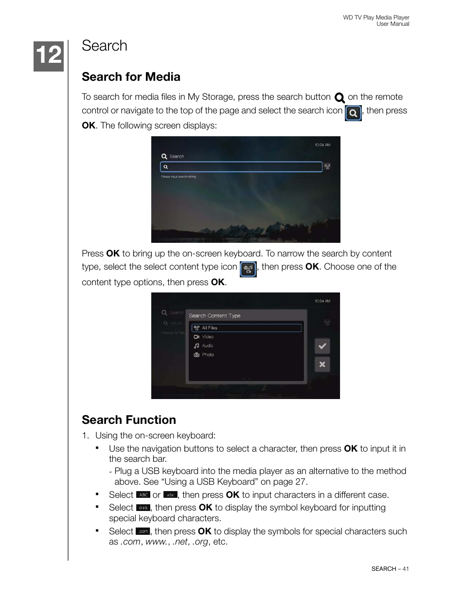 Search, Search for media, Search function | Western Digital WD TV Play Media Player User Manual User Manual | Page 46 / 171