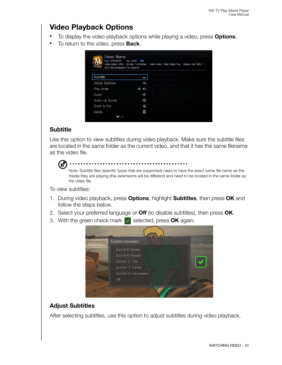 Video playback options, Subtitle, Adjust subtitles | Western Digital WD TV Play Media Player User Manual User Manual | Page 51 / 171