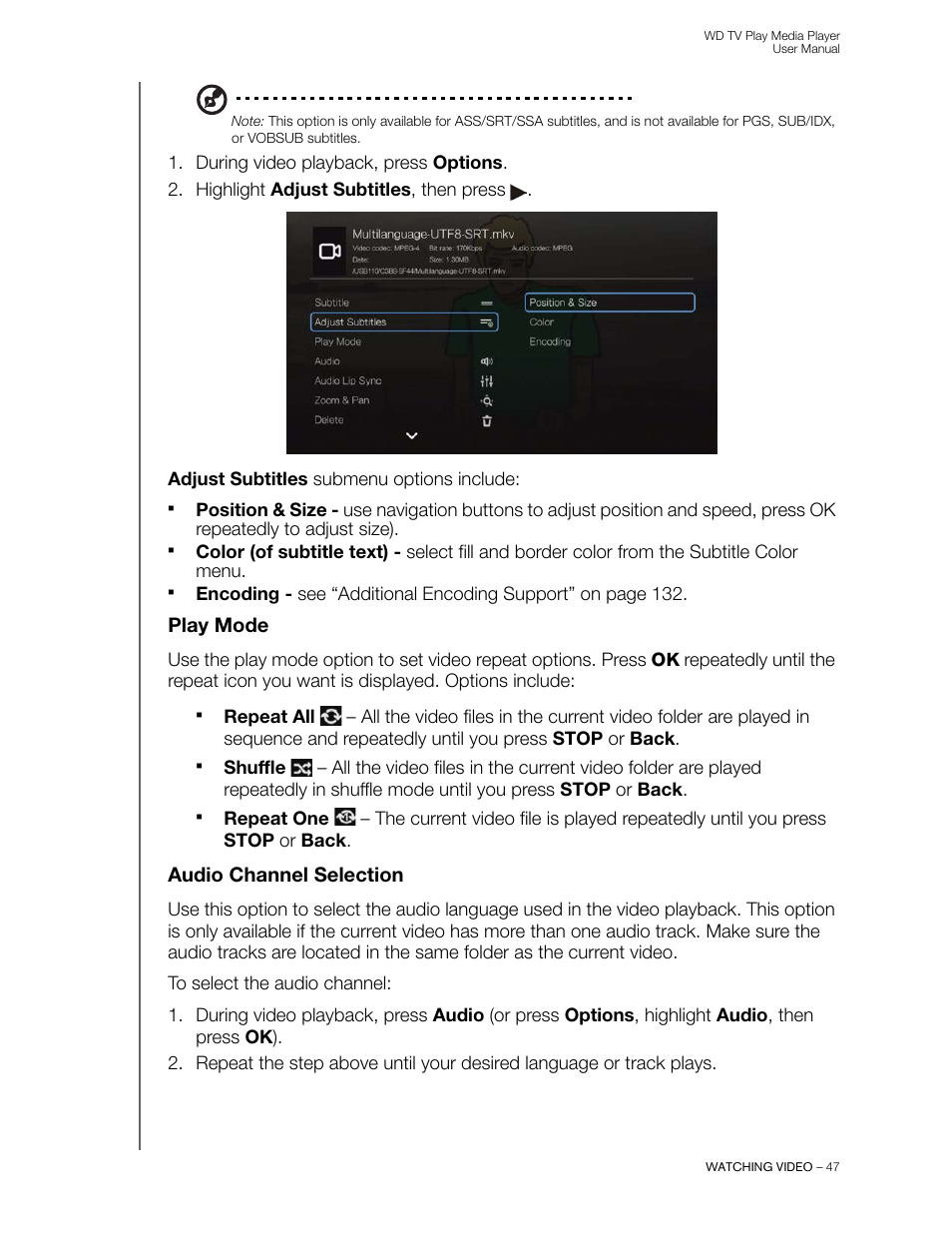 Play mode, Audio channel selection | Western Digital WD TV Play Media Player User Manual User Manual | Page 52 / 171