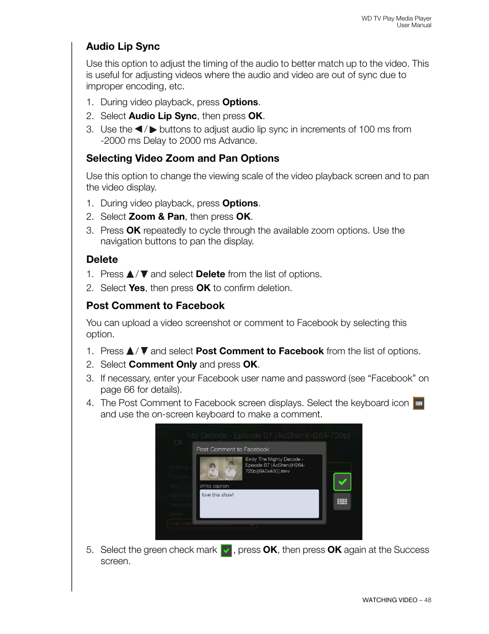 Audio lip sync, Selecting video zoom and pan options, Delete | Post comment to facebook | Western Digital WD TV Play Media Player User Manual User Manual | Page 53 / 171