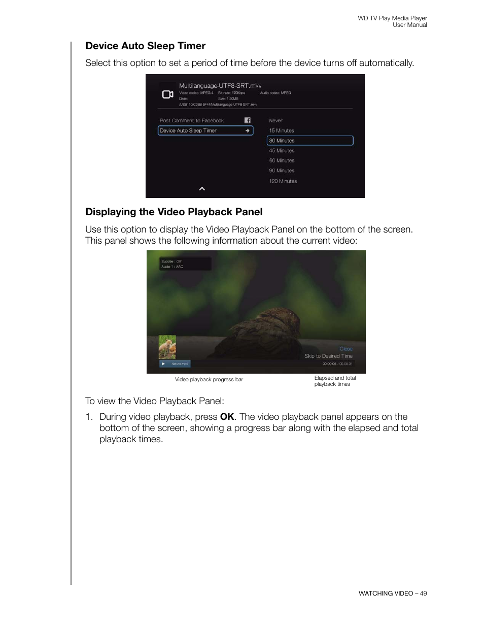 Device auto sleep timer, Displaying the video playback panel | Western Digital WD TV Play Media Player User Manual User Manual | Page 54 / 171