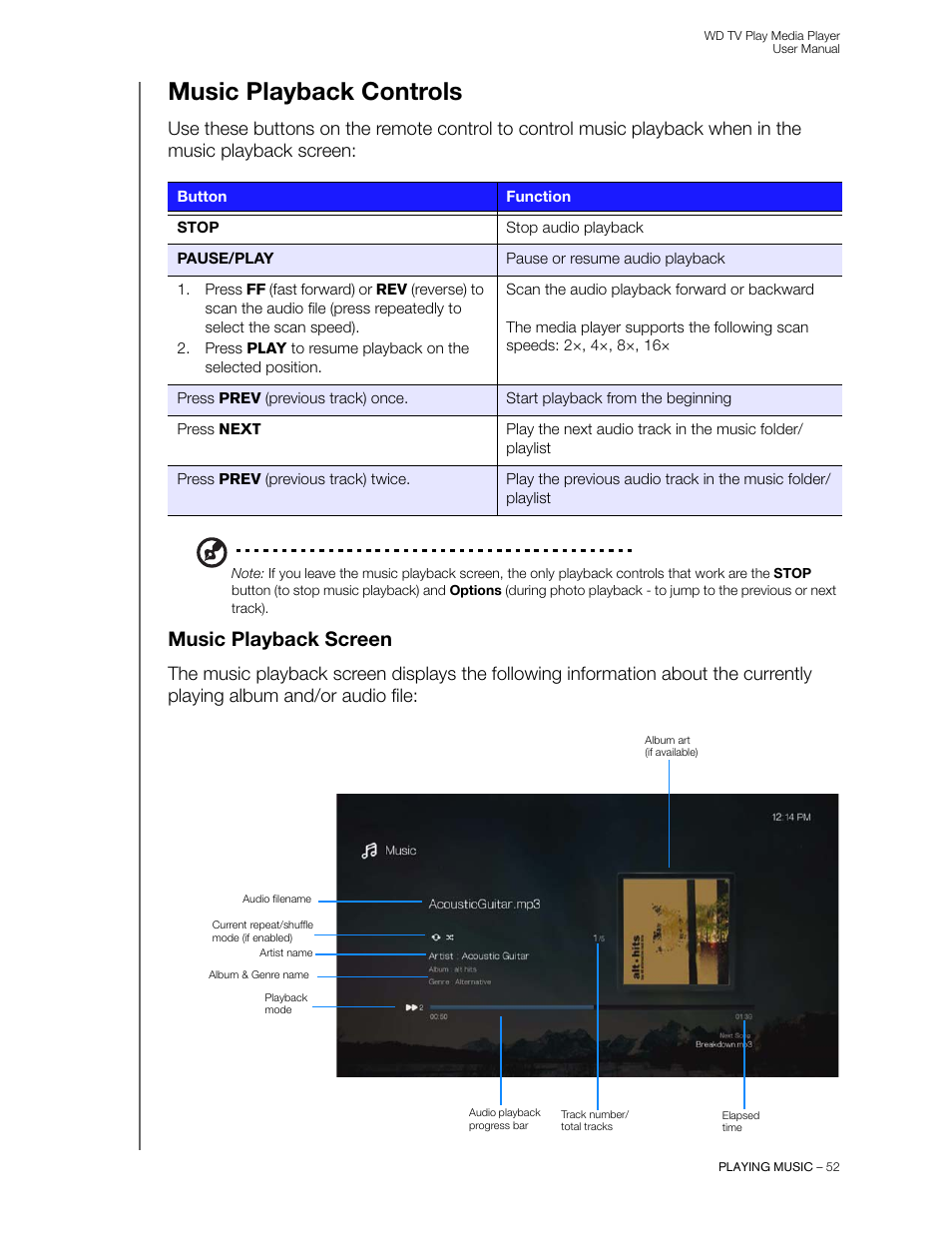 Music playback controls, Music playback screen | Western Digital WD TV Play Media Player User Manual User Manual | Page 57 / 171