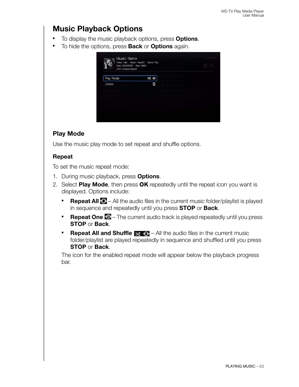 Music playback options, Play mode, Repeat | Western Digital WD TV Play Media Player User Manual User Manual | Page 58 / 171
