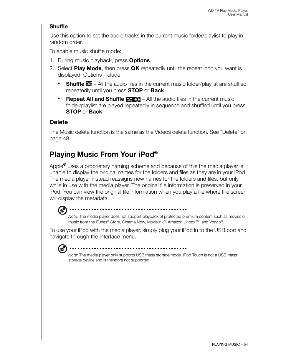 Shuffle, Delete, Playing music from your ipod | Western Digital WD TV Play Media Player User Manual User Manual | Page 59 / 171