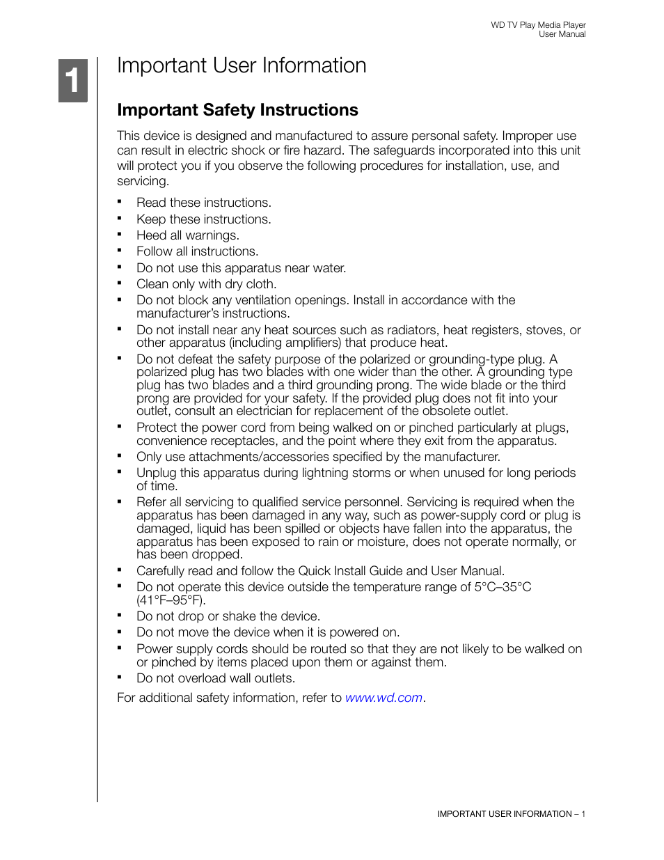 Important user information, Important safety instructions | Western Digital WD TV Play Media Player User Manual User Manual | Page 6 / 171