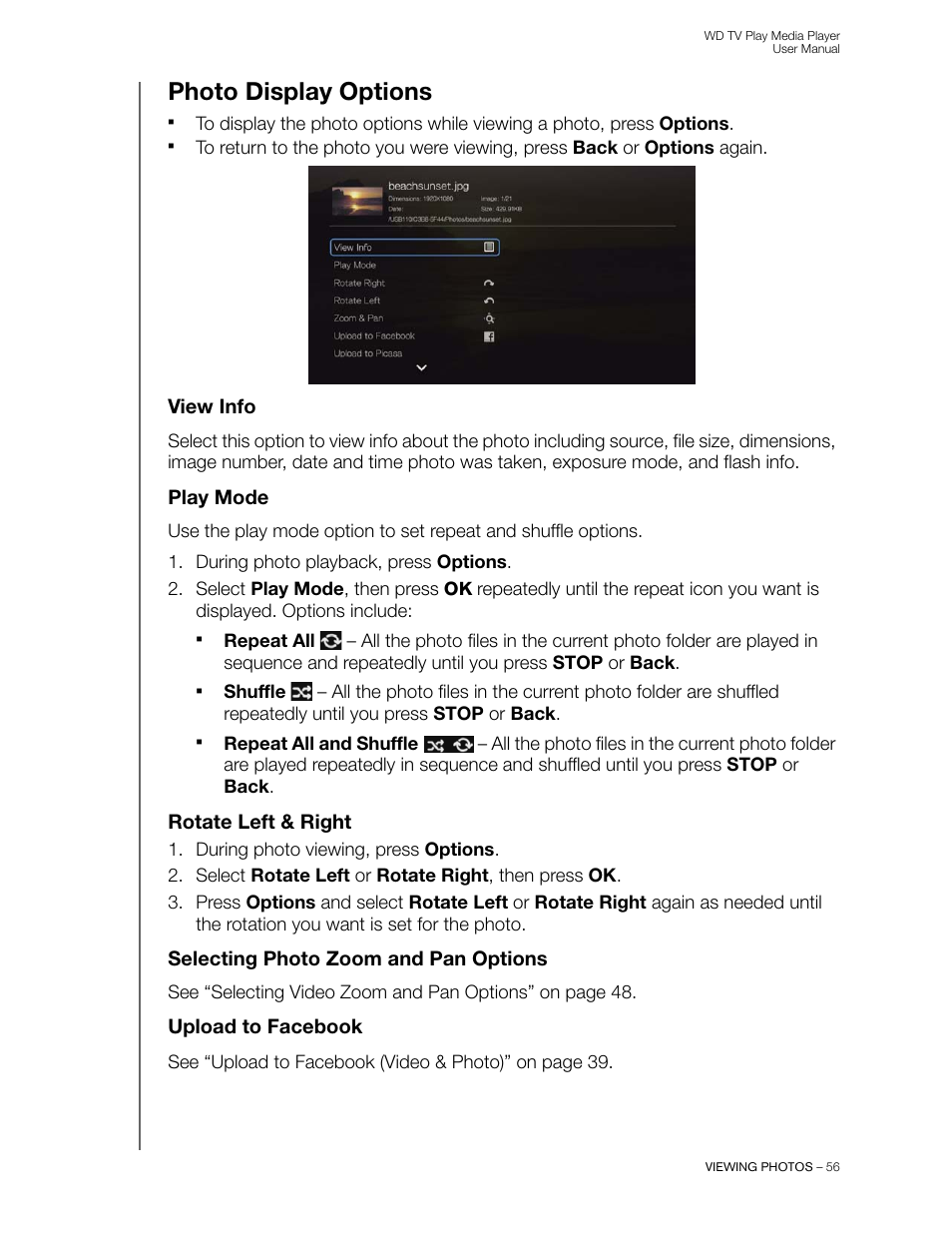 Photo display options, View info, Play mode | Rotate left & right, Selecting photo zoom and pan options, Upload to facebook | Western Digital WD TV Play Media Player User Manual User Manual | Page 61 / 171