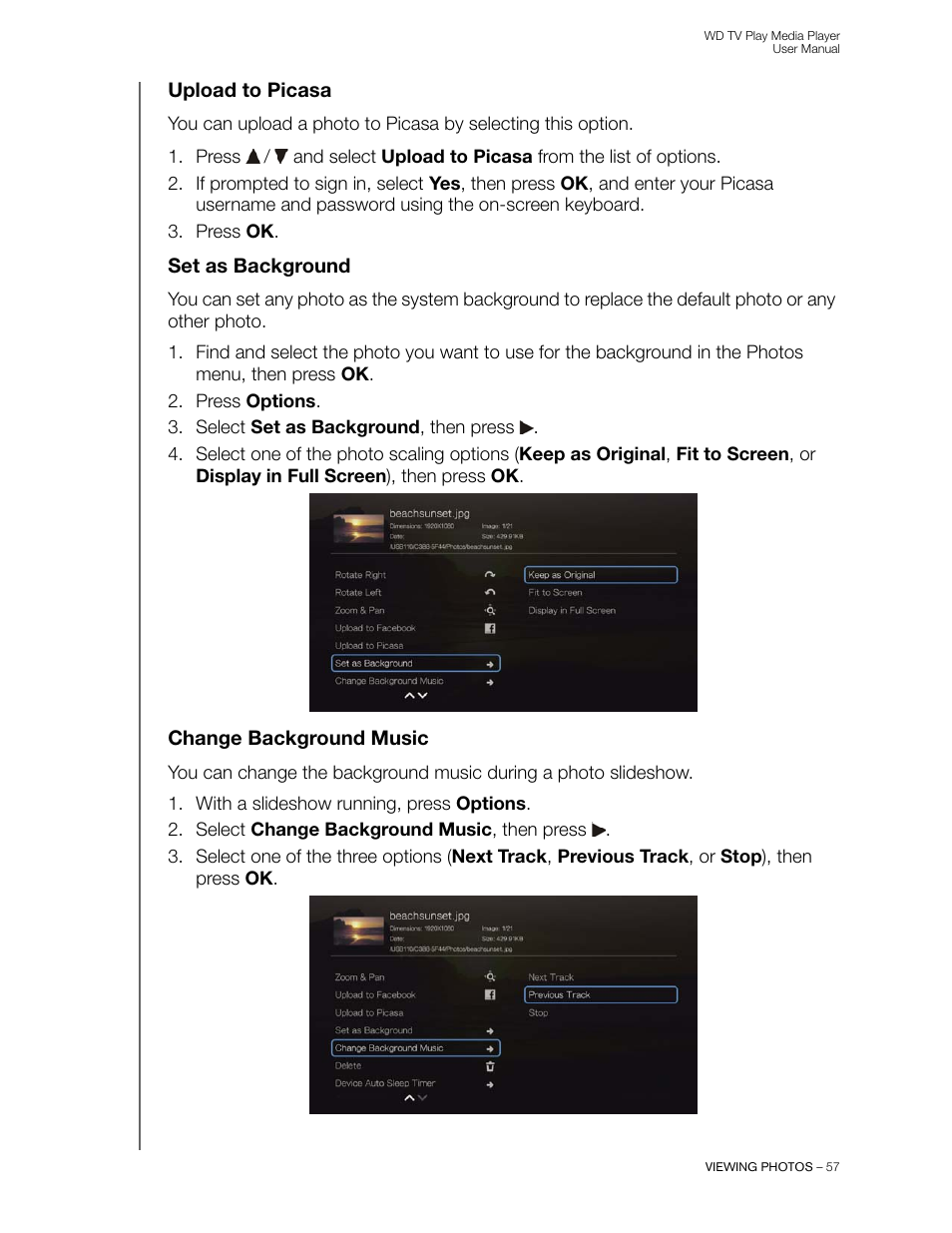Upload to picasa, Set as background, Change background music | Western Digital WD TV Play Media Player User Manual User Manual | Page 62 / 171