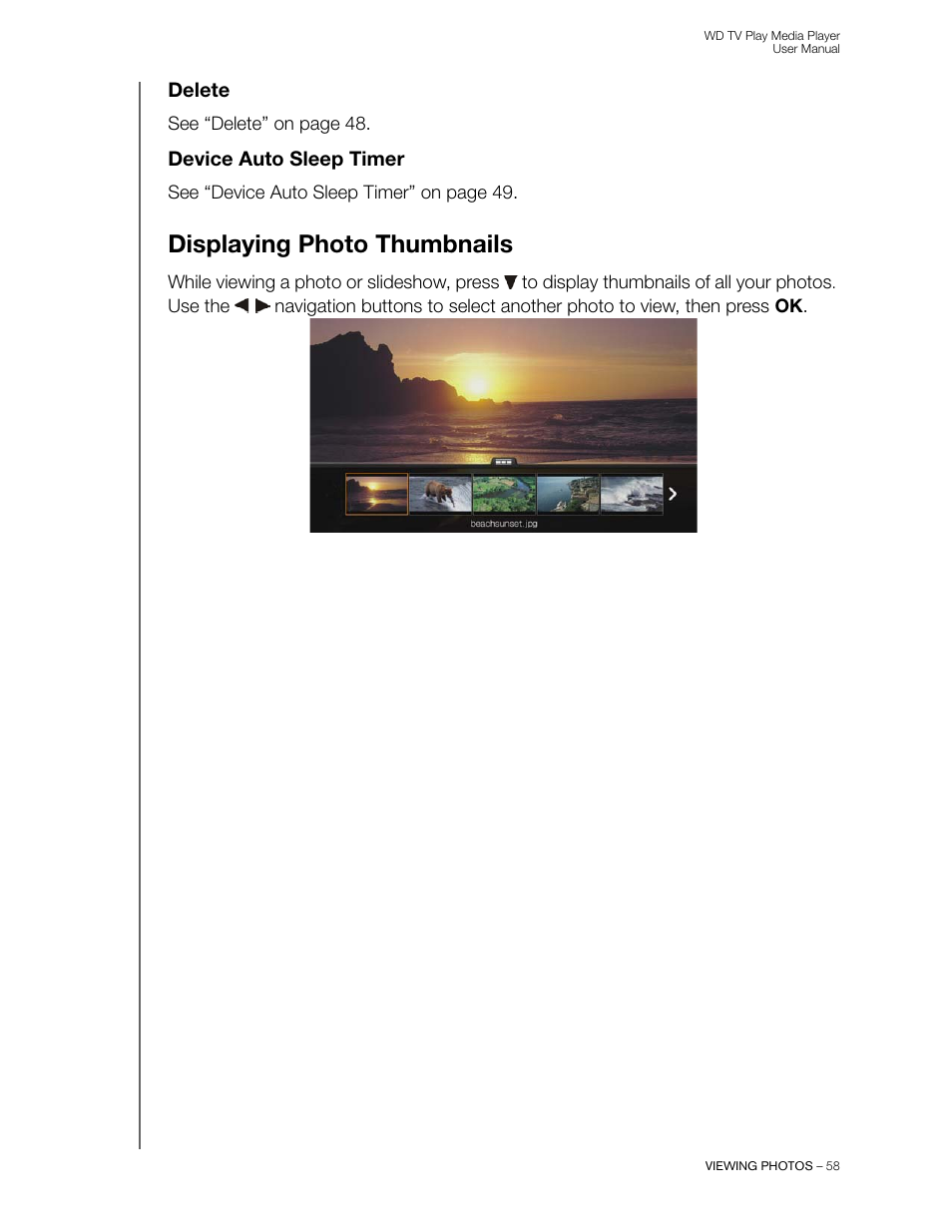 Delete, Device auto sleep timer, Displaying photo thumbnails | Western Digital WD TV Play Media Player User Manual User Manual | Page 63 / 171