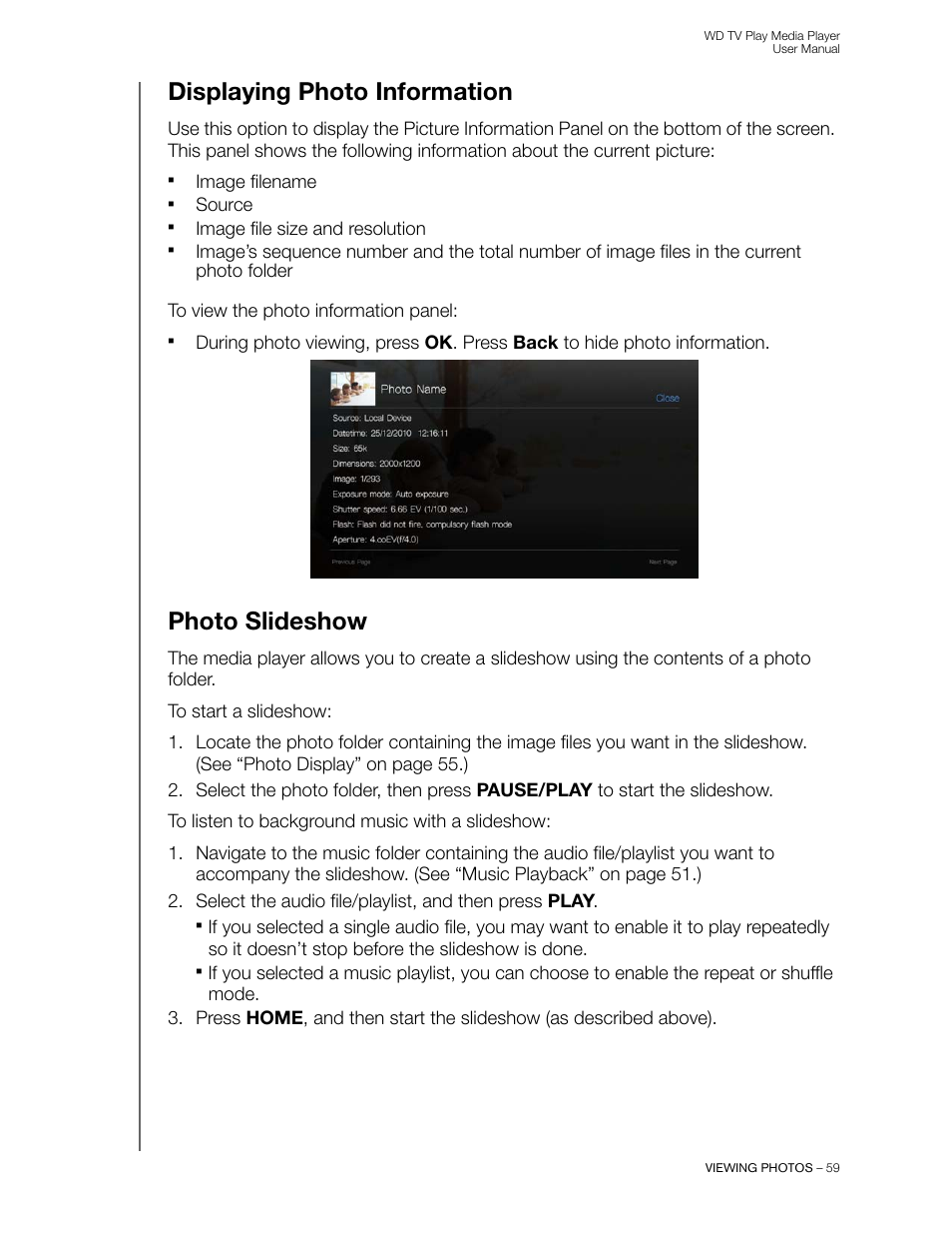 Displaying photo information, Photo slideshow | Western Digital WD TV Play Media Player User Manual User Manual | Page 64 / 171