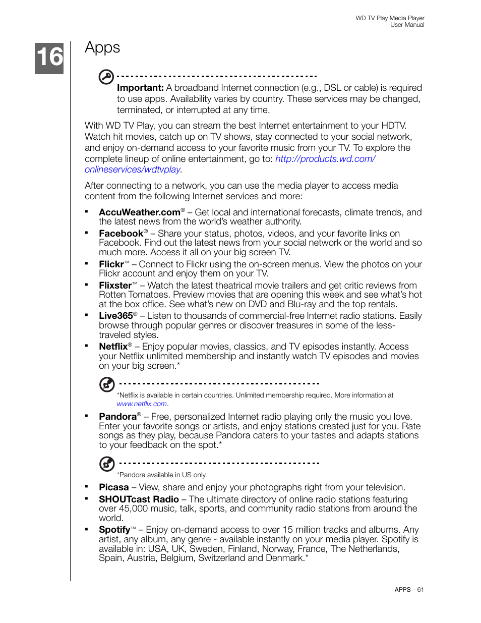 Apps | Western Digital WD TV Play Media Player User Manual User Manual | Page 66 / 171