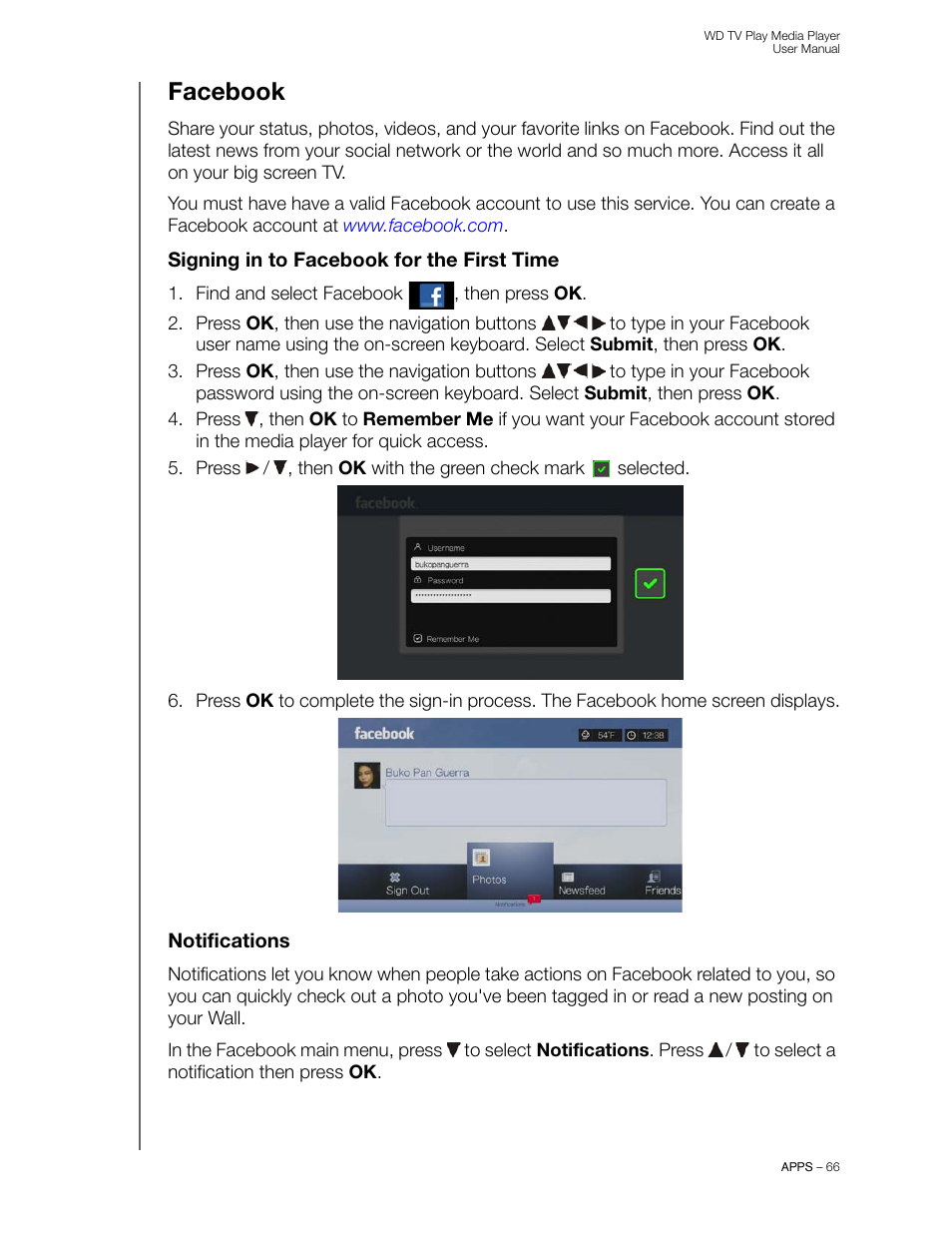 Facebook, Signing in to facebook for the first time, Notifications | Western Digital WD TV Play Media Player User Manual User Manual | Page 71 / 171