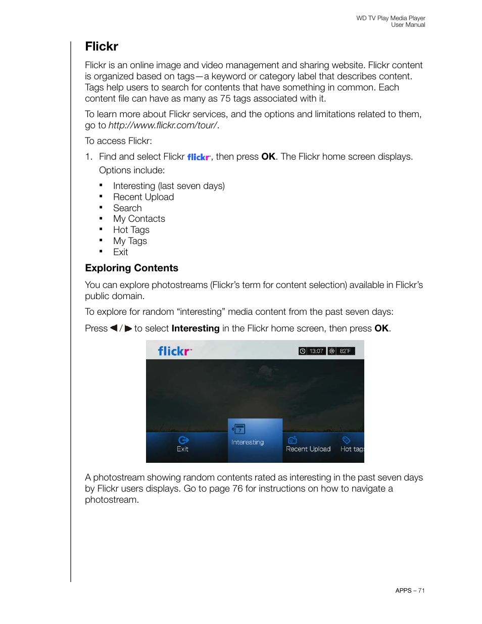 Flickr, Exploring contents | Western Digital WD TV Play Media Player User Manual User Manual | Page 76 / 171