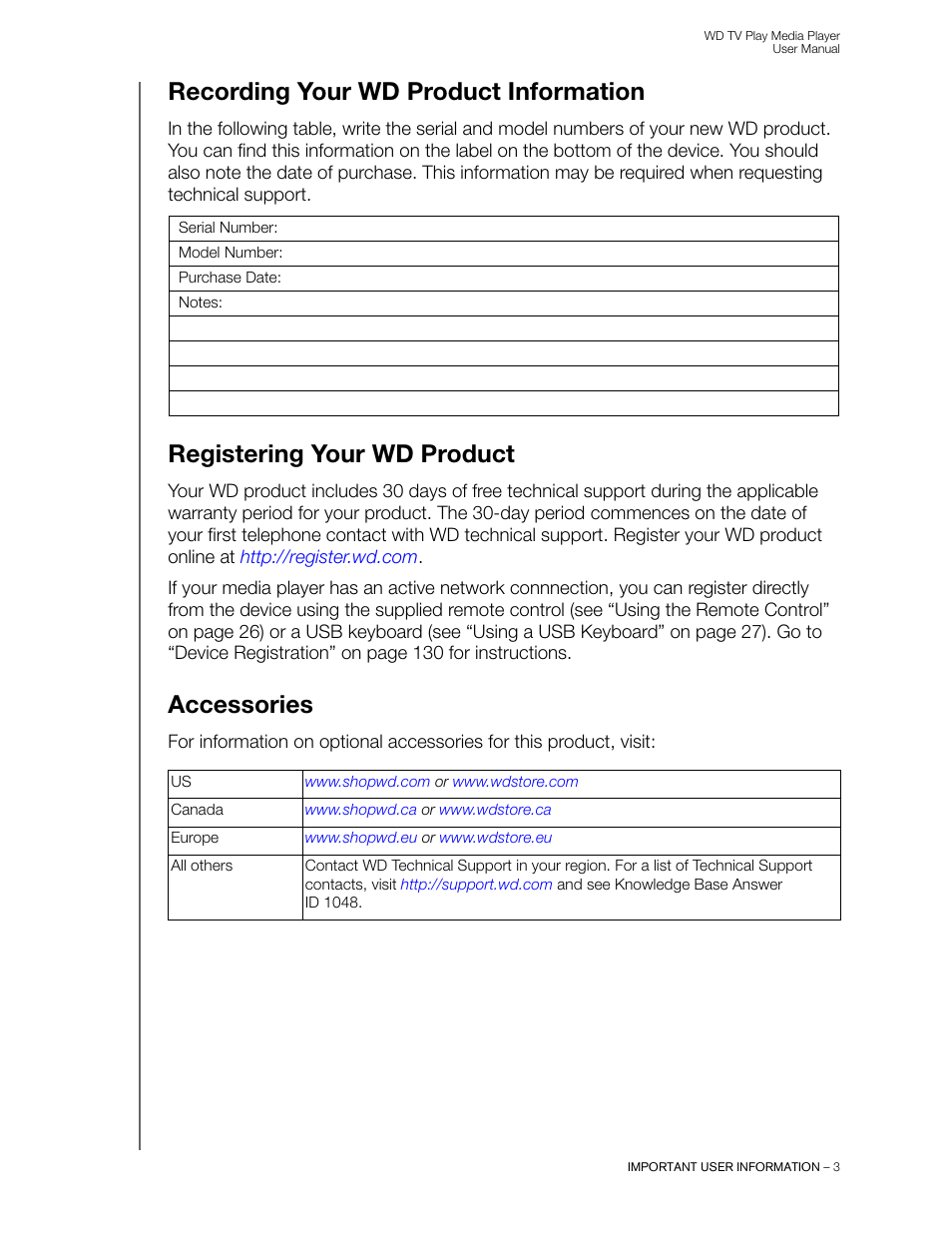 Recording your wd product information, Registering your wd product, Accessories | Western Digital WD TV Play Media Player User Manual User Manual | Page 8 / 171