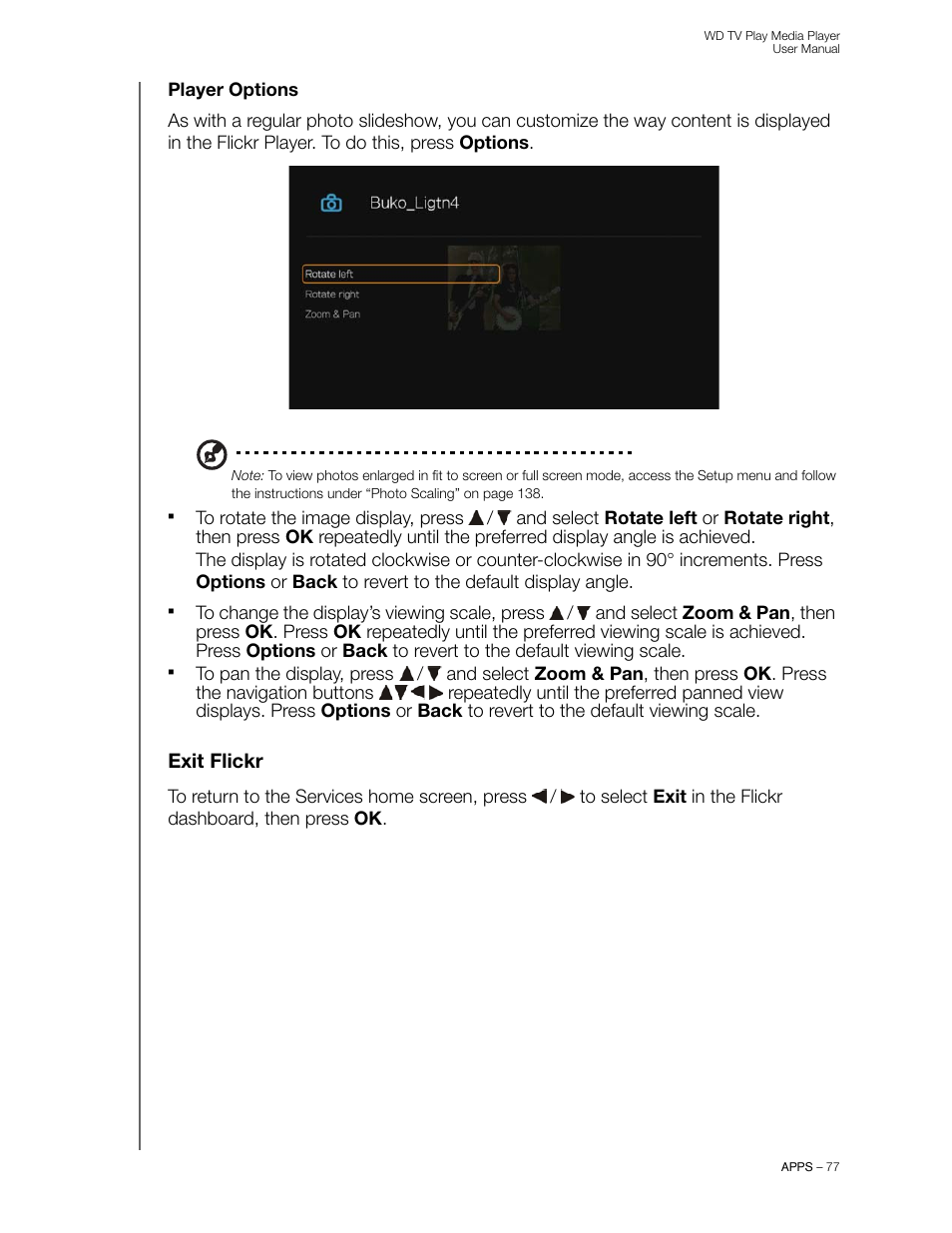 Player options, Exit flickr | Western Digital WD TV Play Media Player User Manual User Manual | Page 82 / 171