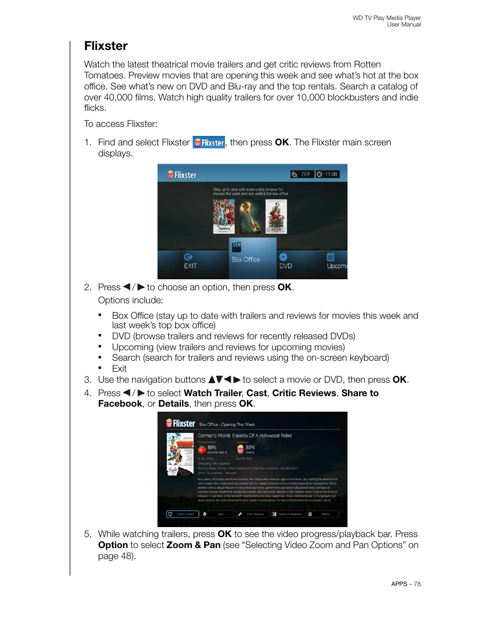 Flixster | Western Digital WD TV Play Media Player User Manual User Manual | Page 83 / 171