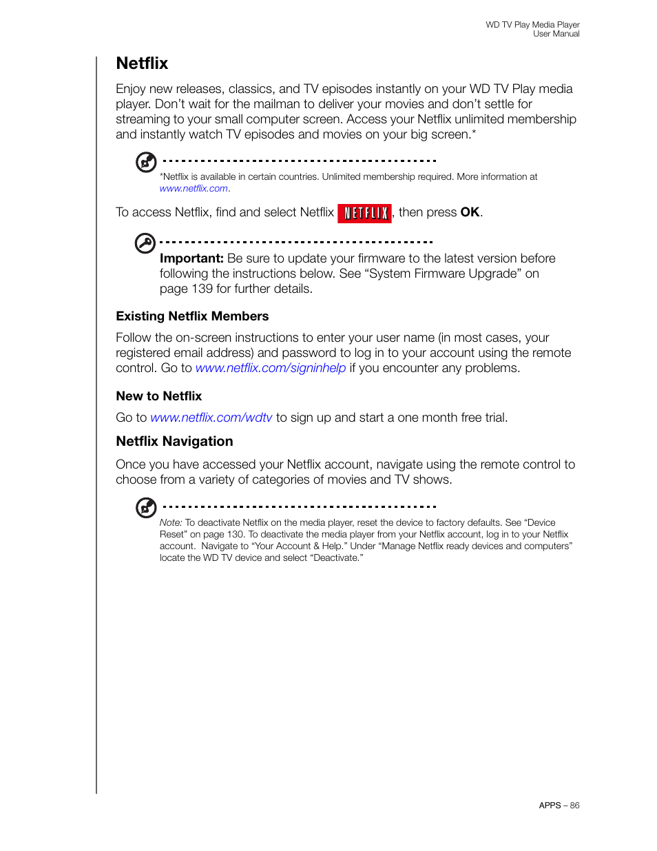 Netflix, Existing netflix members, New to netflix | Netflix navigation | Western Digital WD TV Play Media Player User Manual User Manual | Page 91 / 171