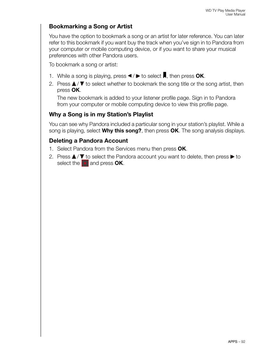 Bookmarking a song or artist, Why a song is in my station’s playlist, Deleting a pandora account | Western Digital WD TV Play Media Player User Manual User Manual | Page 97 / 171