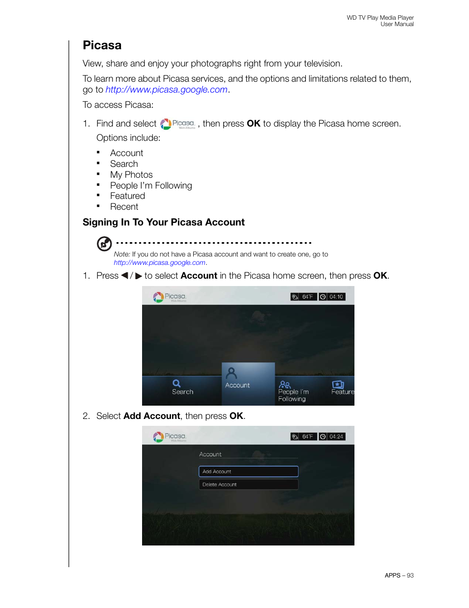 Picasa, Signing in to your picasa account | Western Digital WD TV Play Media Player User Manual User Manual | Page 98 / 171