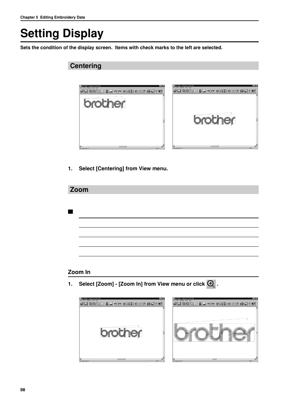 Setting display, Centering, Zoom | Brother BES-962BC User Manual | Page 100 / 270